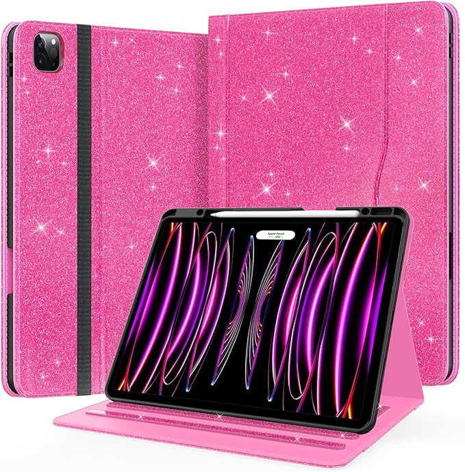 Case for New iPad Pro 12.9 inch 6th/5th/4th/3rd Generation 2022/2021/2020/2018 12.9'' ipad Pro Leather Protective Cover 6/5/4/3 Gen with Pencil Holder Auto Wake/Sleep Glitter Pink