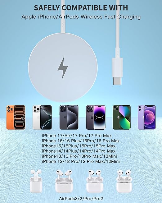 Wireless Magnetic Charger2Pack Fast Apple Mag-Safe Charger iPhone Magnet Charging Pad Flat Mag Safe Charging for iPhone 17Pro Max/16 Pro Max/16Pro/16/15Pro Max/15 Plus/14/13/12/AirPods 3/2/Pro/Pro 2