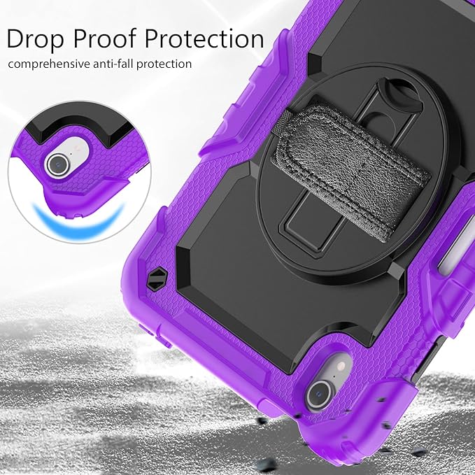 Case for iPad mini 7 (A17 Pro) 2024/ Mini 6 8.3'' with Pencil Holder Screen Protector [360 Rotating Hand Strap] &ampStand &ampShoulder Strap Shockproof Case for iPad mini 7th/6th Generation Purple
