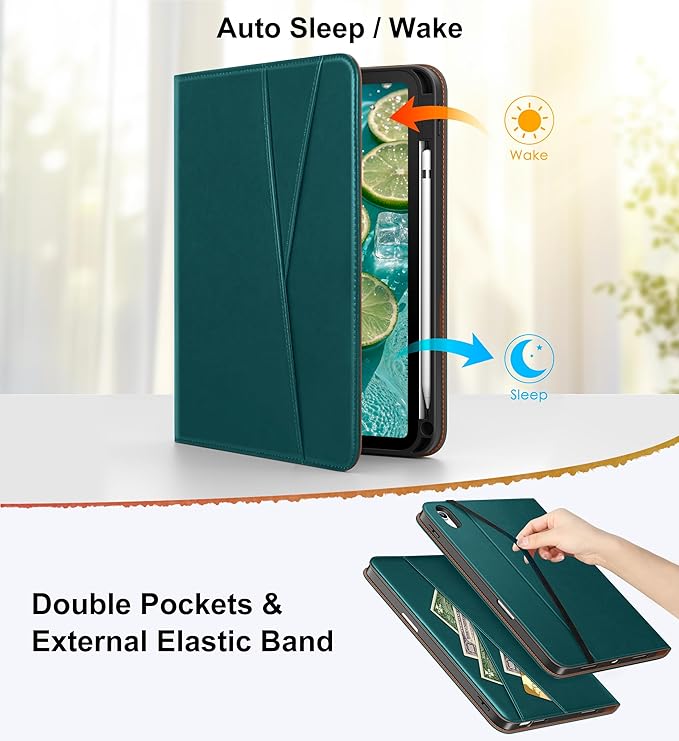 DTTO for iPad A16 Case iPad 11th / 10th Generation Case (2025/2022) 360 Degree Rotating Premium Leather Folio Stand Cover with Pencil Holder Green
