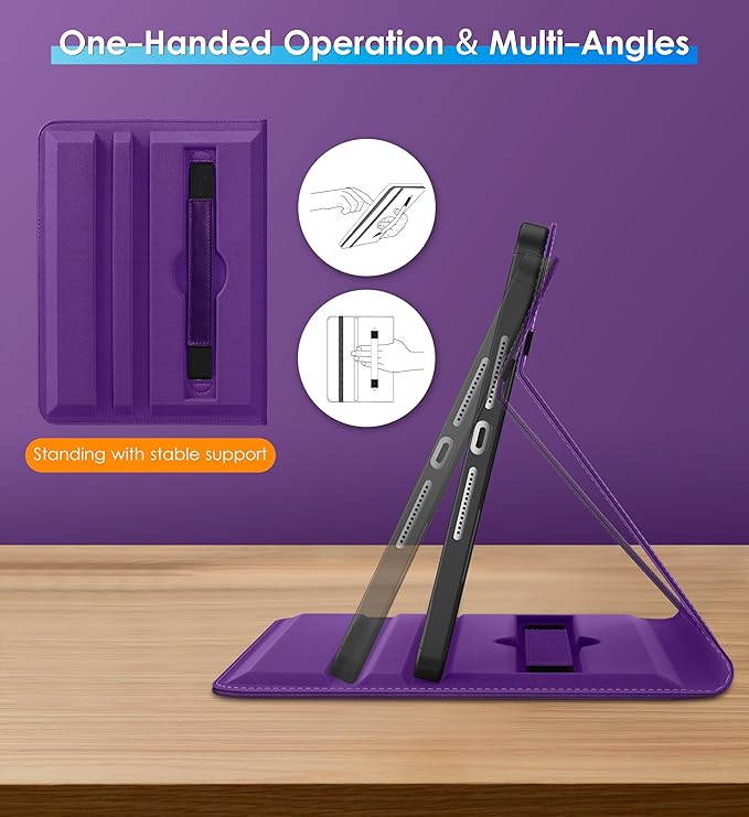 DTTO Rotating Case for iPad 9th/8th/7th Generation 10.2 Inch 2021/2020/2019 360 Degree Swiveling Premium Leather Folio Stand Cover with Pencil Holder - Auto Wake/Sleep and Hand Strap Dark Purple