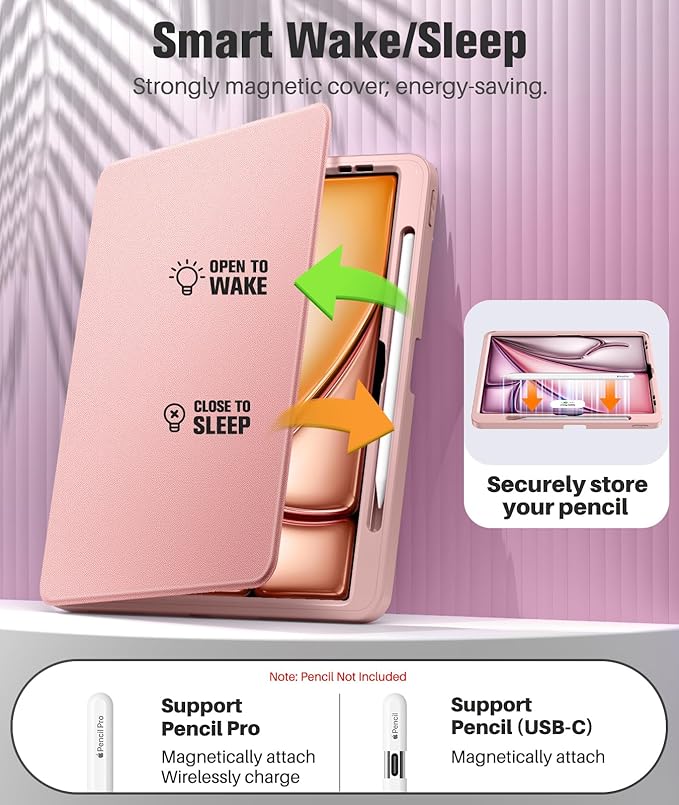 MoKo for iPad Air 13-Inch Case (M4/M3/M2) 2026/2025/2024 with Pencil Holder Heavy Duty 13 Inch iPad Air Case with Screen Protector Clear Back Lens Protector Multi-Angle Magnetic Stand Rose Gold