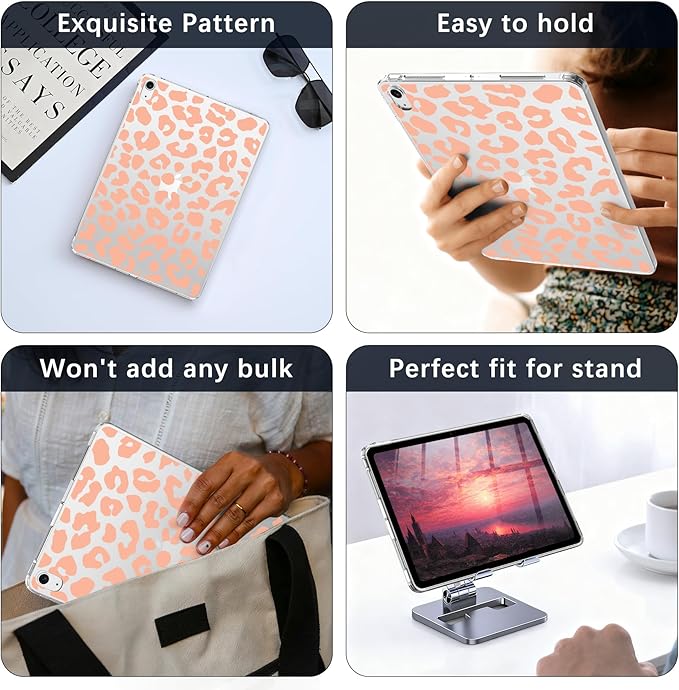 for iPad Air 13 (M3) 2025/ (M2) 2024Orange Leopard Print Crystal Clear CaseSlim Lightweight Anti-Scratch Soft TPU Bumper Hard Acrylic Back Cover for Women