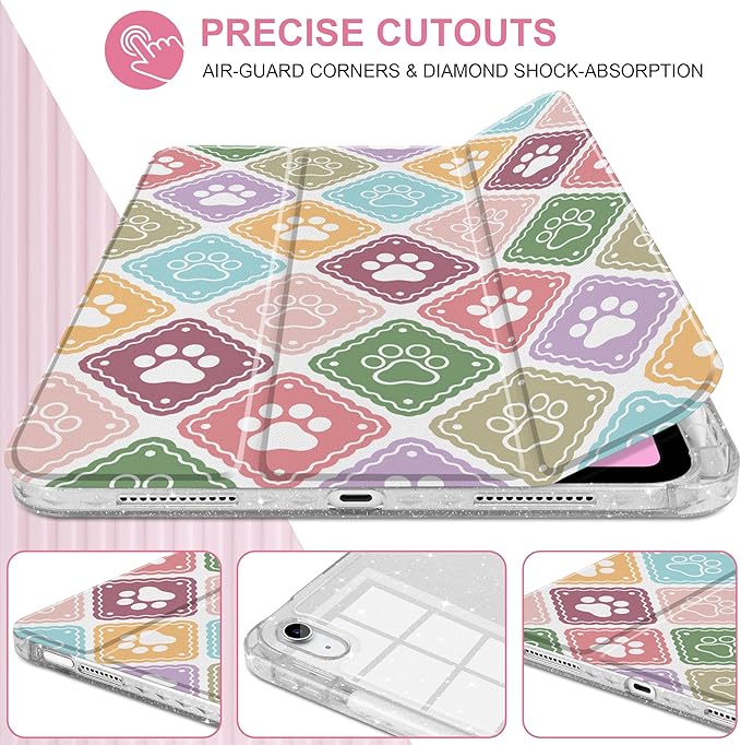 MEEgoodo Case for iPad A16 11th Generation 2025/10th Generation 2022 Glitter Tablet Cases with Transparent Acrylic Back+Trifold Stand +Pencil Holder+Auto Wake/SleepDog Paw &amp Checked