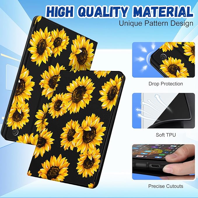 for Amazon Kindle Fire HD 8/8 Plus Tablet Case 10th/12th Generation for Women Girls Folio Cover Cute Fashion Design Girly Kawaii Black Sunflower Pretty Teen Cases for Kindle Fire Case 8 Inch