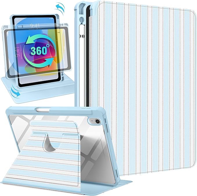 for iPad A16 Case for iPad 10th Generation Case 10.9 inch - 360 Degree Rotating Stand Folio Smart Cover with Pencil Holder for Women Girls Blue &amp White Stripes for Apple 10th 2022/11th 2025