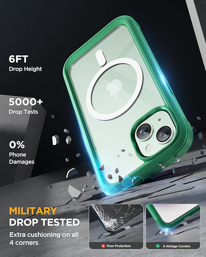 Miracase Magnetic for iPhone 15 Plus Case 6.7'' [Compatible with Magsafe] Full-Body Military Drop Proof 15 Plus Phone Case Cover with Built-in 9H Tempered Glass Screen ProtectorMagnetic Green | Magne