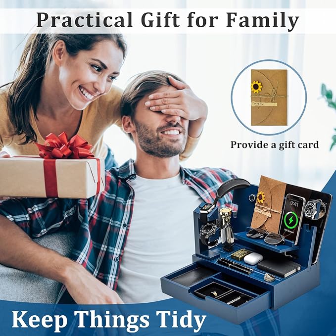 Nightstand Organizer for Men with Large Drawer Wood Phone Docking Station for Phone Apple Watch Wallet &amp Keys Ideal Birthday Gift for Father Husband Bedside Desk Organizer (Blue)