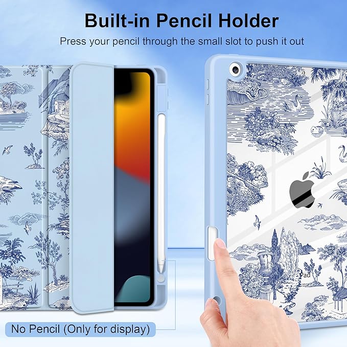 DONGKE for iPad 9th/8th/7th Generation Case 10.2 Inch (2021/2020/2019) [Auto Sleep/Wake &amp Pencil Holder] Clear Acrylic Back Trifold Stand Cover Toile Pattern