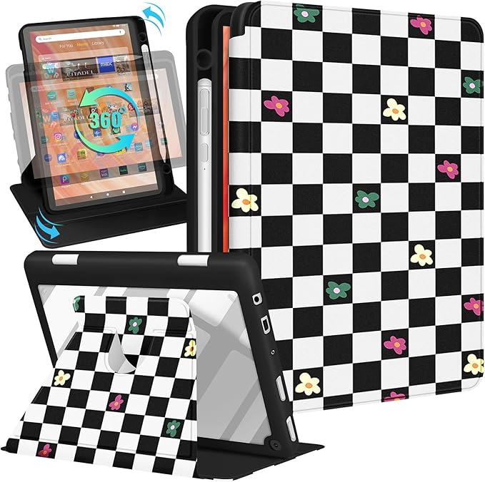 Kidcube for Kindle Fire HD 10/10 Plus Tablet Case - 13th/11th Generation (2023/2021) 10.1 Women Girls Kids Cute Girly Unique Rotating Stand Pencil Holder Folio Cases for Amazon Fire HD 10/10 Plus