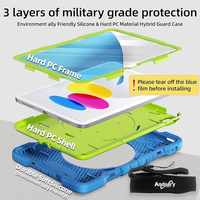 Case for iPad (A16) 11th Generation 11 inch 2025/10th Generation 10.9 inch 2022 Shockproof Cover with Screen Protector/360° Rotate Handle/Bracket/Pen Holder/Shoulder Strap (Blue+Green)