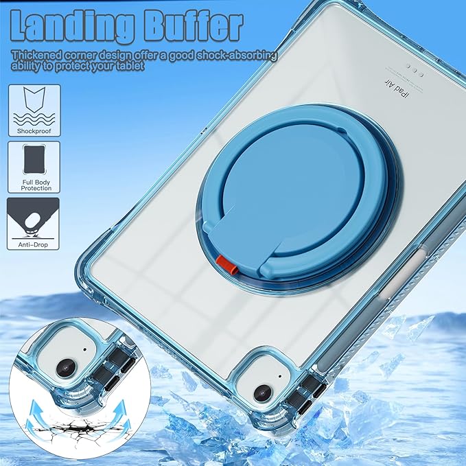 Shockproof Case for iPad Air 11'' (M4 2026/M3 2025/M2 2024)/ iPad Air 10.9'' Air 5th /4th Gen PC Clear Tablet Cases with Rotating Stand for Kids Light Blue