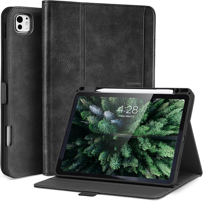 Handmade Case for iPad Pro 11 Inch (M5/M4) 2025/2024 with Pencil Holder PocketMagnetic ClosureAuto Sleep/WakeVegan Leather Folio Protective CoverMulti Angles StandBlack