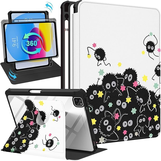 for iPad Air 11 inch Case Air 5th/4th Generation 10.9 Pro 11'' Case Women Girls for Apple Pencil Holder Cute Cartoon Rotating Folio Cover for iPad Air 11 2024 (M2) 10.9 2022 2020 Pro 11
