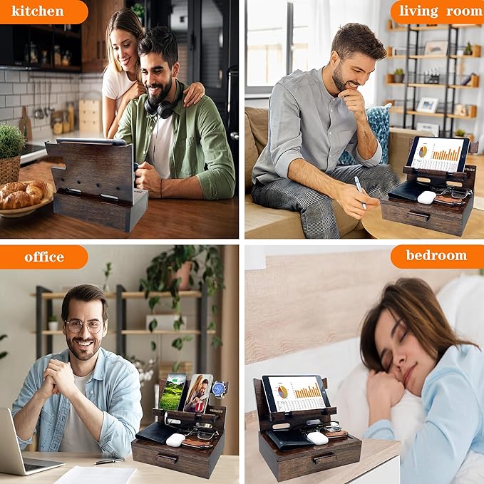 Gifts for Men Women Husband Son Boyfriend Him Nightstand Organizer Wood Phone Docking Station Birthday Gifts (Walnut) | Gifts for Men Women Birthday Gifts
