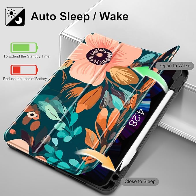 May Chen Case for iPad Pro 11 inch (4th 3rd 2nd &amp 1st Gen) 2022 2021 2020 2018 Trifold Stand + Pencil Holder + Auto Wake/Sleep + Soft TPU Protective Stand Back Cover Abstract Florals