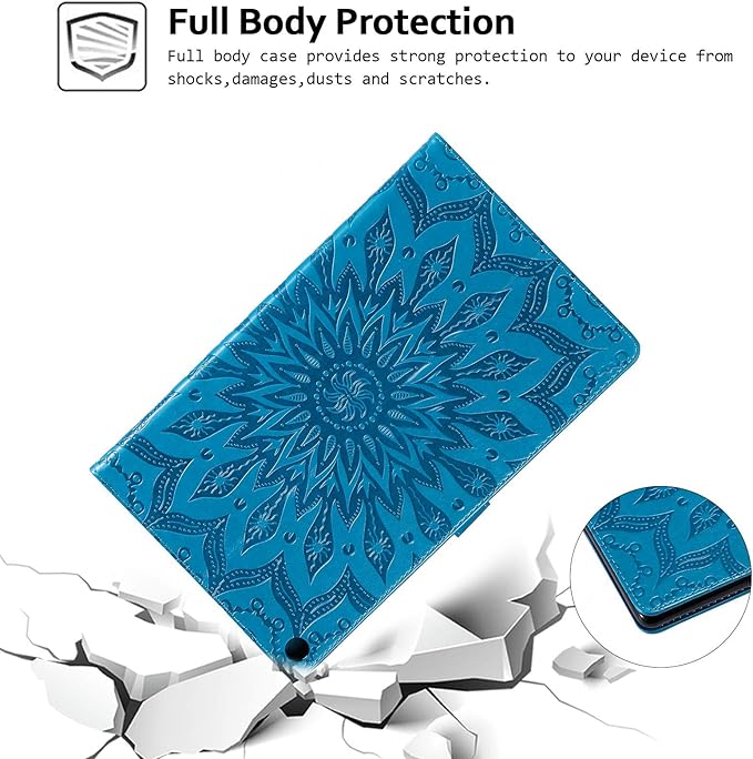 Folio Case for Fire HD 10 (9th/7th/5th Generation 2019/2017/2015 Release) Techcircle Sunflower Embossed Stand Protective Cover with Card/Cash Holder for Amazon Fire HD 10.1 Inch Tablet Blue