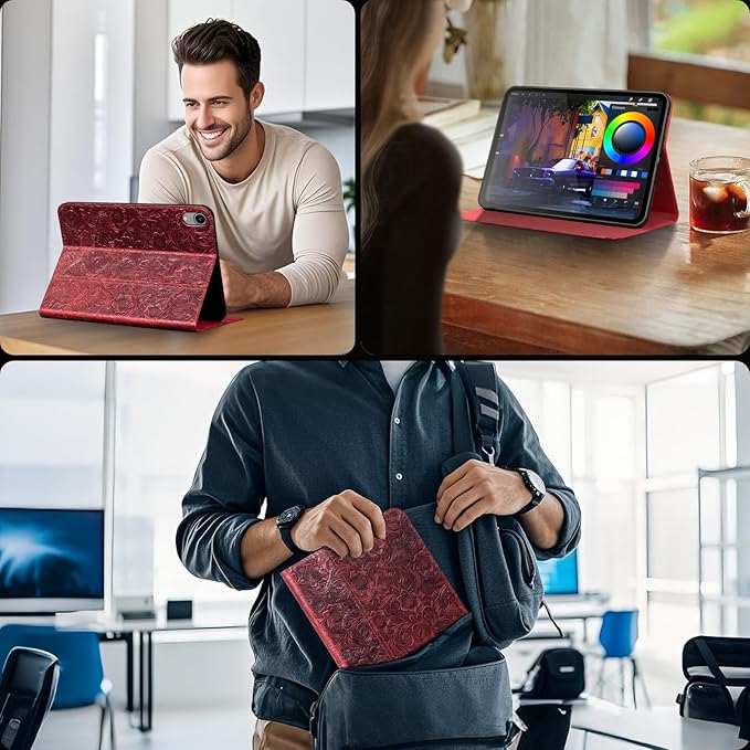 Gexmil Leather Case for iPad mini 7 (A17 Pro) 2024 / iPad mini 6 Generation 2021 8.3 InchPremium Cowhide Cover with Adjustable Stand Auto Wake/SleepFloral Red