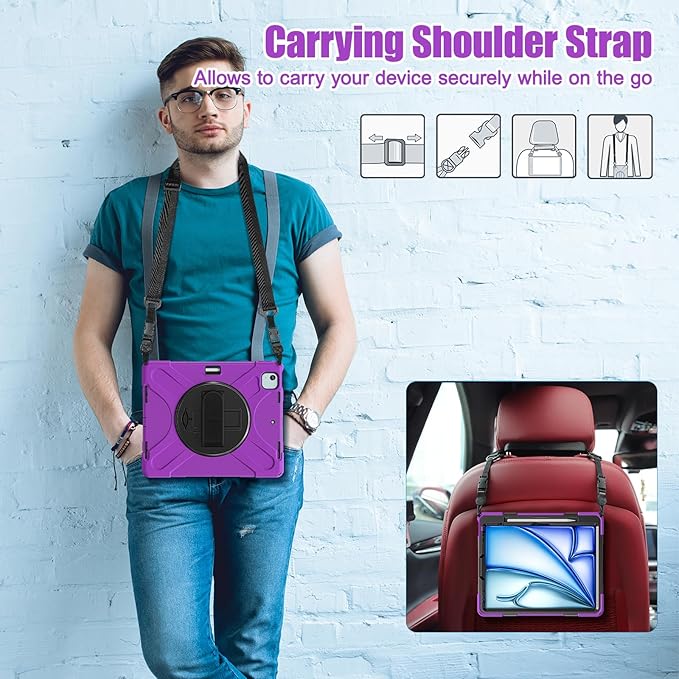 for iPad Air 13-inch M2 (2024) A2898/A2899 for iPad Pro 12.9 Rugged Case Portable Heavy Duty Shock-Proof Armor Cover with Swivel Kickstand/Hand Grip Shoulder Strap Pencil Holder (Purple)