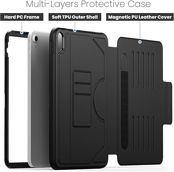 Case for iPad (A16) 11th/10th Generation 11''/10.9'' 2025/2022: Shockproof Protective Cover with Auto Wake/Sleep Strong Magnetic Multi-Angles Stand Pencil Holder Card Slot Black