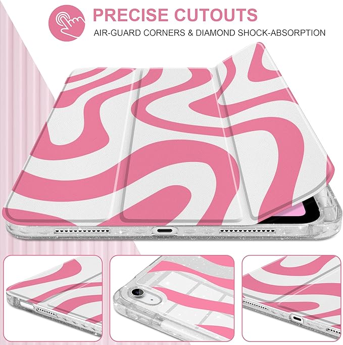 MEEgoodo Case for iPad A16 11th Generation 2025/10th Generation 2022 Glitter Tablet Cases with Transparent Acrylic Back+Trifold Stand +Pencil Holder+Auto Wake/SleepPink Wave Pattern