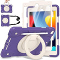 Case for iPad 9th/8th/7th Generation 10.2 inch Shockproof Cover with Screen Protector/360° Rotate Stand/Pencil Holder/Shoulder Strap Kids Case for iPad 2021/2020/2019 (Deep Purple+White)