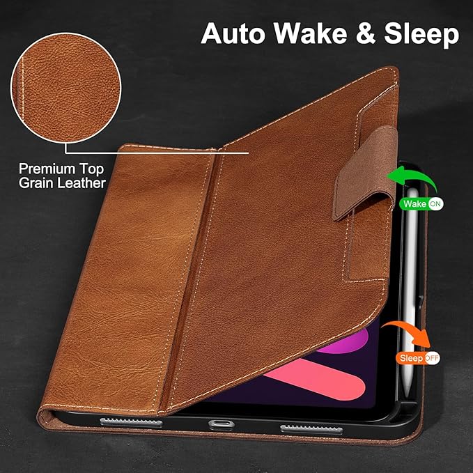 Gexmil Premium Leather Case for iPad mini 7 (A17 Pro) 2024 / iPad mini 6 Generation 2021 8.3 InchPencil Holder Magnetic ClosureShockproof Cowhide CoverAdjustable StandVegetable Tanned Brown