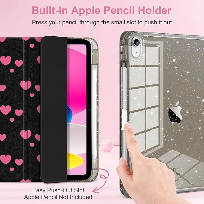 MEEgoodo Case for iPad A16 11th Generation 2025/10th Generation 2022 Glitter Tablet Cases with Transparent Acrylic Back+Trifold Stand +Pencil Holder+Auto Wake/SleepPink Hearts
