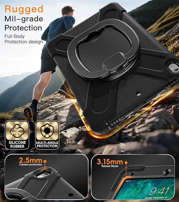 BATYUE iPad Air 3rd Generation Case 2019 / iPad Pro 10.5 inch Case 2017 Rugged Heavy Duty Protective Cover with Pencil Holder 360° Swivel Stand Shoulder Strap for Kids (Black)