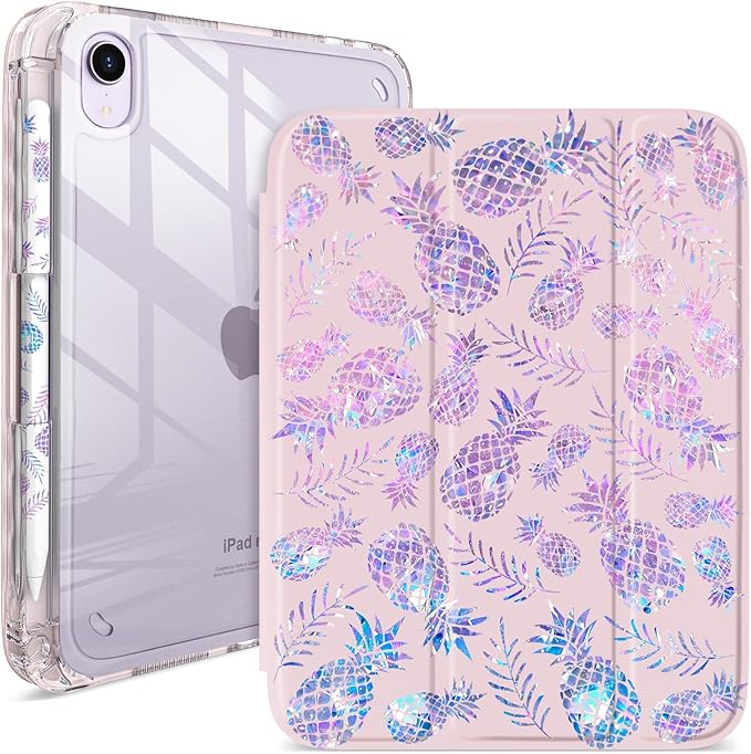 Pink iPad mini 6/7 Case for Girls – Kawaii Cartoon Pineapple Design with Pencil Holder Matching Stickers Tri-Fold Stand Auto Sleep/Wake (Geometric Pineapple)
