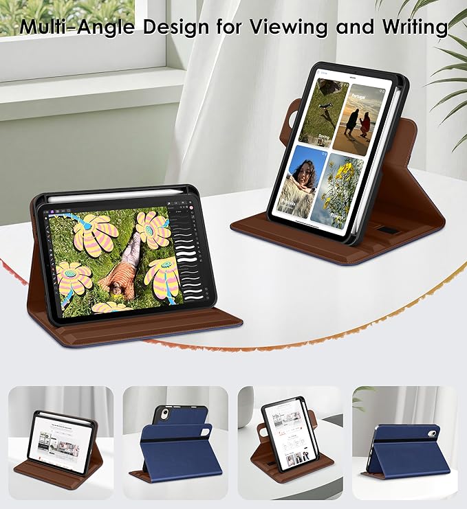 DTTO for iPad mini 7 (A17 Pro) Case iPad mini 7th / 6th Generation Case (2024/2021) 360 Degree Rotating Premium Leather Folio Stand Cover with Pencil Holder Navy Blue