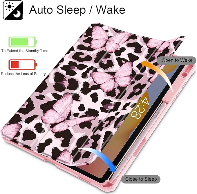 Mektron Case for Samsung Galaxy Tab S6 Lite 10.4 Inch 2024/2022/2020 with S Pen Holder Multi-Angle Viewing with Shockproof Cover Clear Shell + Trifold Stand + Auto Wake/Sleep Leopard Pink Butterfly
