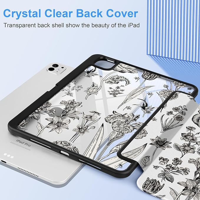 DONGKE for iPad Pro 11-Inch Case (M5 2025 / M4 2024) 6th/5th Generation [Auto Sleep/Wake &amp Pencil Pro Holder] Clear Acrylic Back Smart Trifold Stand Cover Black Florals