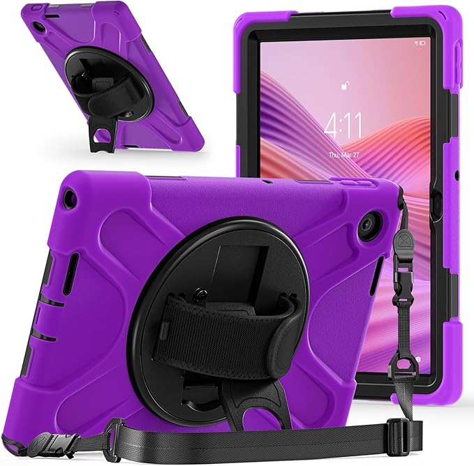 Tablet Case Compatible with Lenovo Tab 10.1(TB-311XU) /K10C TB311FU 2025 Case Protective Heavy Duty Rugged Shockproof Drop Protection Cover Shoulder Strap for Kids Silicone Cover(Purple)