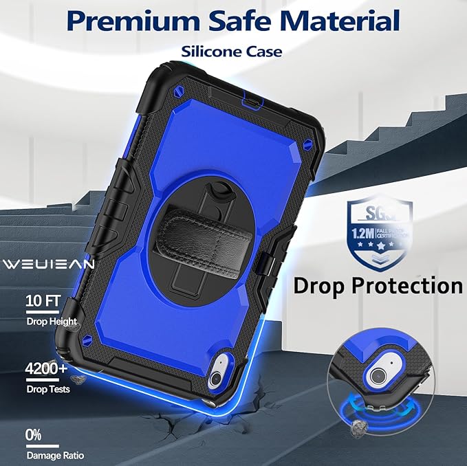 Weuiean Case for iPad A16 11th/10th Generation 11/10.9 Military-Grade Heavy-Duty Shockproof Cover with 360° Rotating Stand Built-in Pencil Holder &amp Adjustable Hand/Shoulder Strap - Blue+Black