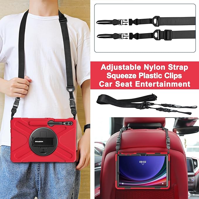 BRAECN for Samsung Galaxy Tab S10 Plus Case 2024/S9 Plus/S9 FE+/S8 Plus/S7 Plus /S7 FE 12.4 InchHeavy Duty Shockproof Case with S Pen Holder&amp360 Rotating Hand Strap/Kickstand Shoulder StrapRed
