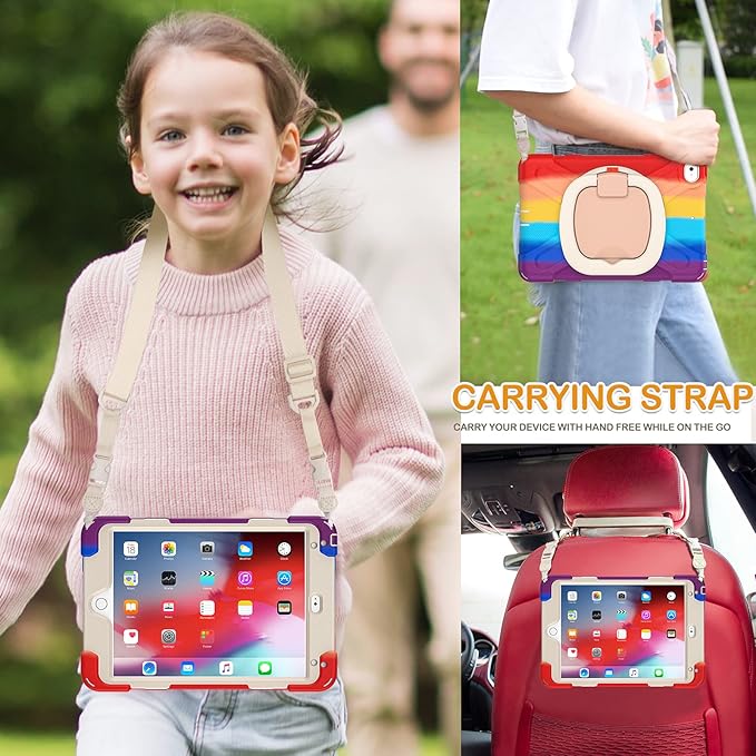 BRAECN for iPad Mini 5 Case iPad Mini 4 Case Rugged Silicone Cover with Shoulder Strap Pencil Holder Swivel Hand Grip Kickstand for Kids iPad Mini 5th/4th Generation 7.9’’ 2019/2015 Colorful Red