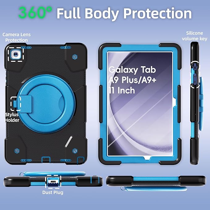 Case for Samsung Galaxy Tab A9+/A9 Plus Case 11 Inch with Screen Protector/360° Rotating Stand/Pen Holder/Shoulder Strap Shockproof Cover for Tablet A9+ 5g (Black+Blue)