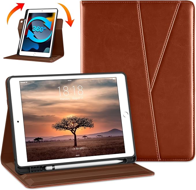 DTTO Rotating Case for iPad 9th/8th/7th Generation 10.2 Inch 2021/2020/2019 360 Degree Swiveling Premium Leather Folio Stand Cover with Pencil Holder - Auto Wake/Sleep and Hand Strap Brown