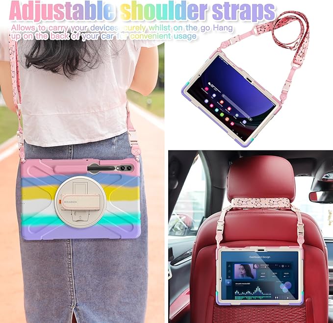 BRAECNstock Kids Case for Samsung Galaxy Tab S10+ Plus/ S9 FE+ Plus/ S9+ Plus/ S8+ Plus/ S7 FE/ S7+ Plus 5G 12.4 Shockproof Protective Cover with Pen Holder Rotating Stand&ampHand Strap - Colorful P