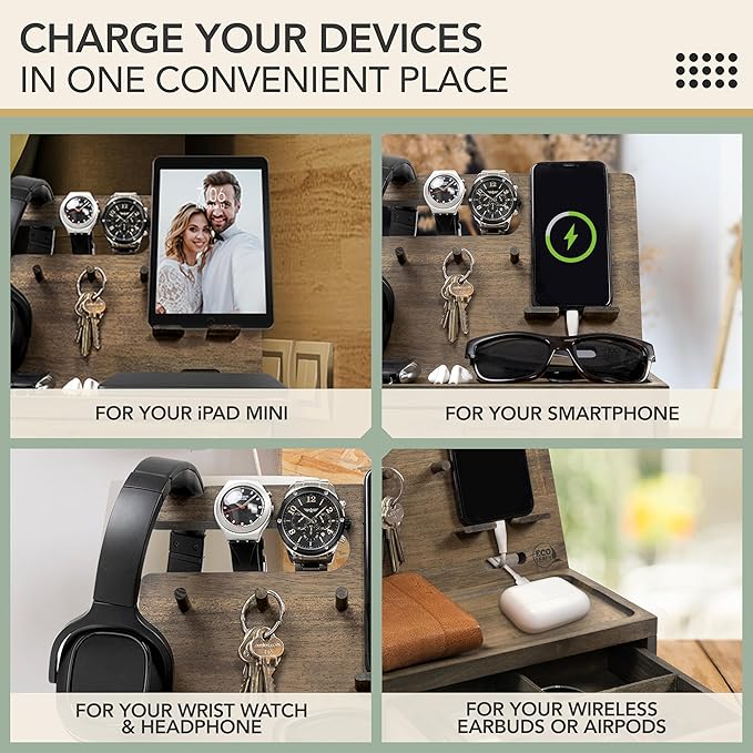 Nightstand Organizer for Men- Phone Docking Station with Drawer for Cellphone Watches Sunglasses &amp Accessories- Makes an Ideal Gift for Dad or Son (Rustic)