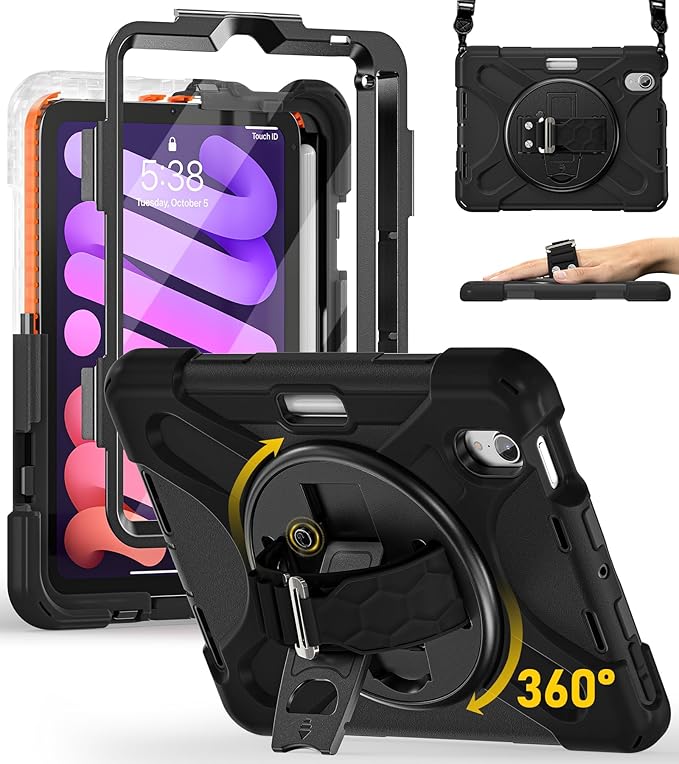 BRAECN for iPad mini 7(A17 Pro)/ 6 case 2024/2021 8.3 inch Heavy Duty Shockproof Protective with Pencil Holder Screen Protector 360°Rotating Stand Handle Full Body Cover Shoulder Strap Kids Friendly