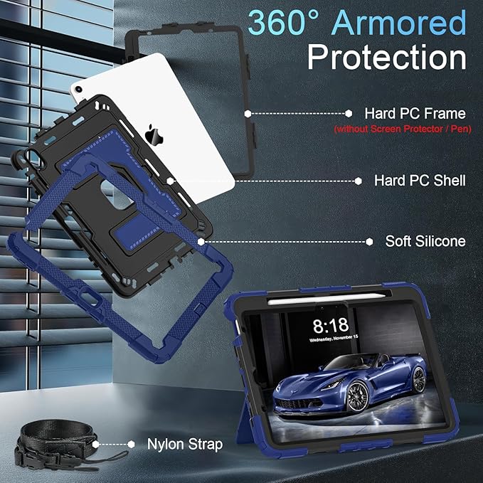 for iPad Air 11 Inch M4 (2026) /M3 (2025) /M2 (2024) iPad Air 5th/4th Generation Case 10.9 Inch (2022/2020)Military Grade Shockproof iPad Air Case 11 Inch with Pencil Holder Navy Black