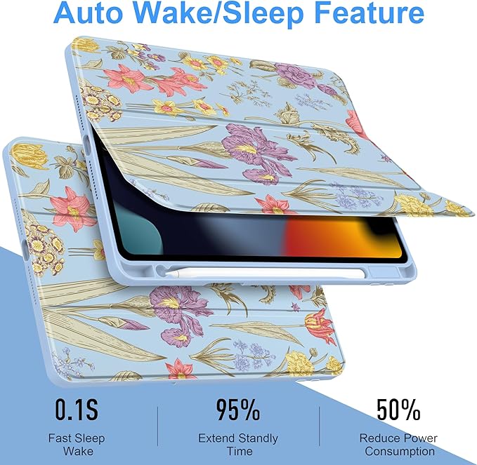 DONGKE for iPad 9th/8th/7th Generation Case 10.2 Inch (2021/2020/2019) [Auto Sleep/Wake &amp Pencil Holder] Clear Acrylic Back Trifold Stand Cover Blue Botanical Floral
