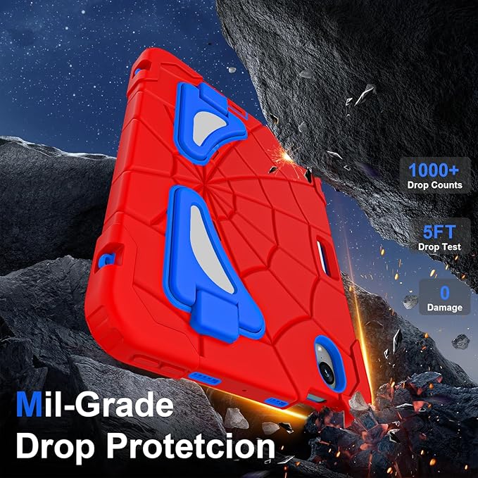 Kids Case for iPad mini 7 A17 Pro 2024/ Mini 6 8.3 inch Spider Case for iPad mini 7th 6th Generation Shockproof Durable Full Protective Cover with Pencil Holder Kickstand (Red+Blue)