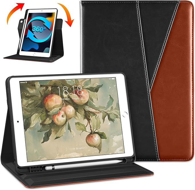 DTTO Rotating Case for iPad 9th/8th/7th Generation 10.2 Inch 2021/2020/2019 360 Degree Swiveling Premium Leather Folio Stand Cover with Pencil Holder - Auto Wake/Sleep and Hand Strap Black Brown