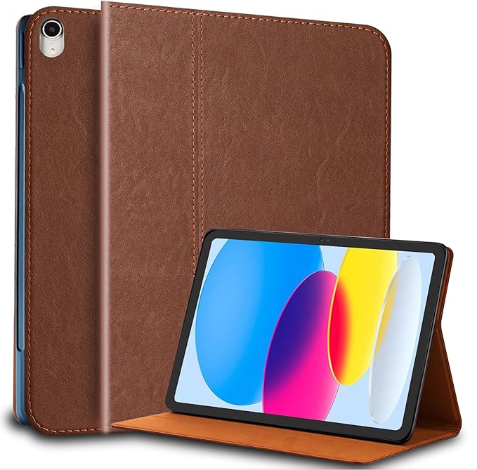 Genuine Leather Case for iPad 10th Generation(10.9 Inch 2022)Vegetable Tanned Leather Smart Folio Cover for with Auto Wake/SleepAdjustable StandAnti Slip/FingerprintBrown