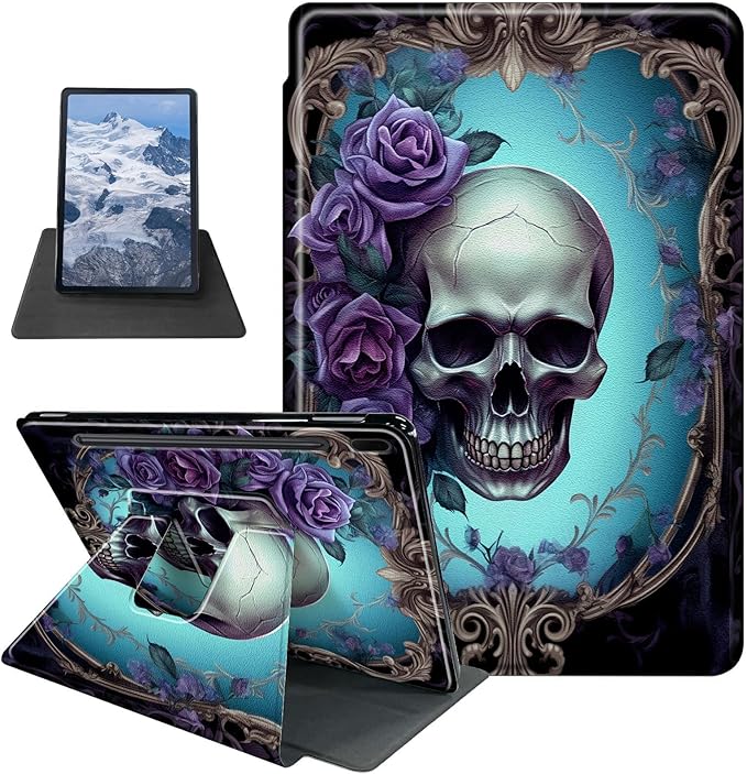 Skull and Roses Pattern Case for Samsung Galaxy Tab S9 Plus/X810/X816B/X818U/S9 FE Plus 12.4inch/S10 PlusBFDHGQZC 360 Degree Rotating Stand Protective Cover with Auto Sleep/Wake