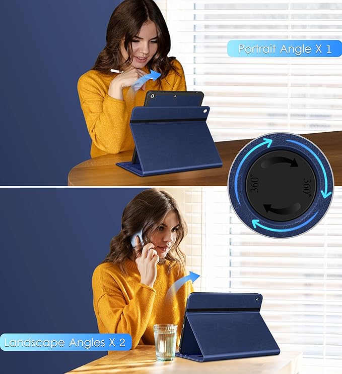 DTTO for iPad 9th / 8th / 7th Generation Case 10.2 Inch (2021/2020/2019) 360 Degree Rotating Premium Leather Folio Stand Cover with Pencil Holder Navy Blue