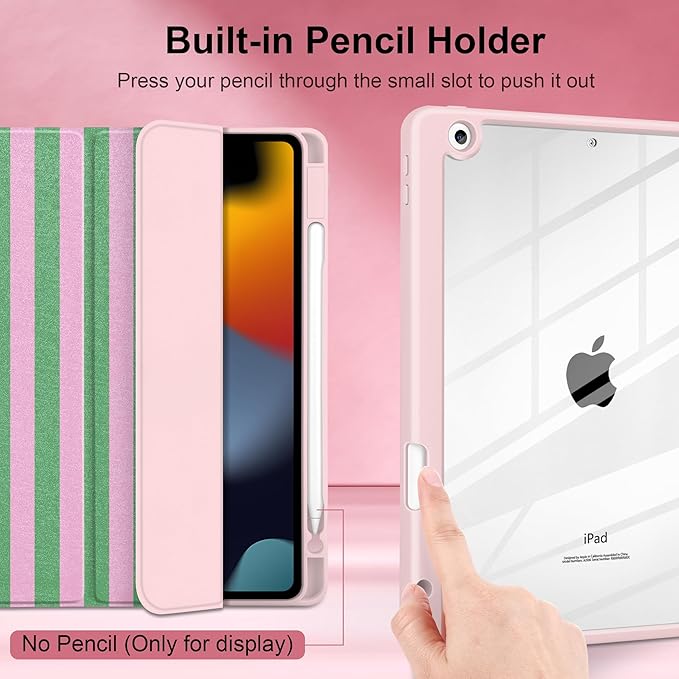 DONGKE for iPad 9th/8th/7th Generation Case 10.2 Inch (2021/2020/2019) [Auto Sleep/Wake &amp Pencil Holder] Clear Acrylic Back Trifold Stand Cover Green Stripes